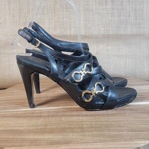 Cole Haan Black Leather Heels Sandals Strappy‎ Gold Buckle Detail Size 6 B